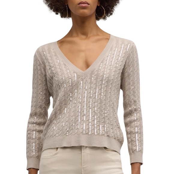 L'AGENCE Beige Cable Knit V-Neck Sequin Embellished Sweater Long Sleeve Top SZ L - Picture 1 of 3